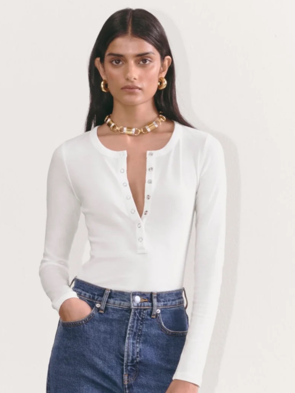 Everlane White Long-Sleeve Snap Henley